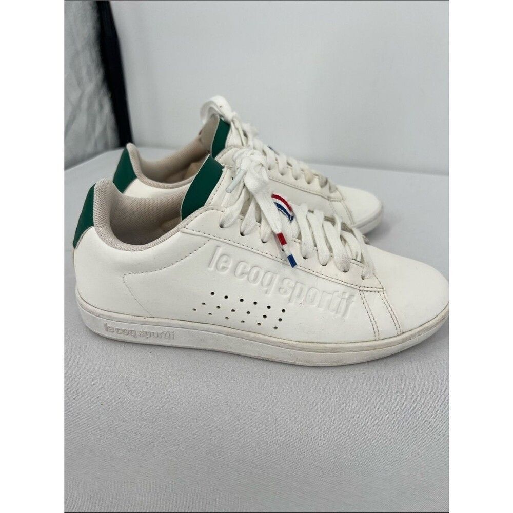 Le Coq Sportif White Sneakers with Green Heel Tab and Tricolor Lace Detail - Picture 1 of 9